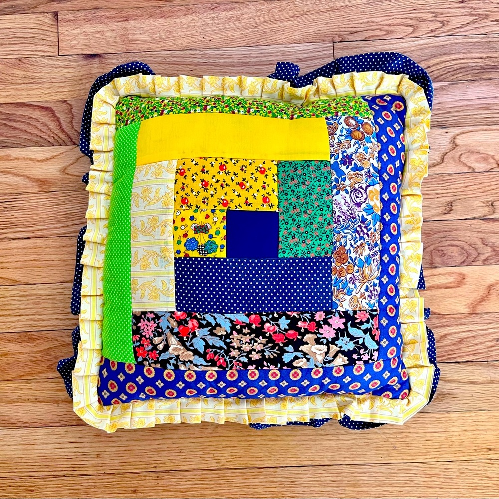 70s Hanmade Throw Pillow Patchwork Ditsy Print Ruffles Square